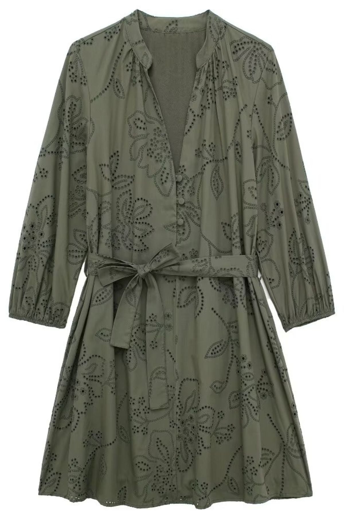 AISHA V-Neck Long-Sleeve Eyelet Mini Dress (Olive Green)