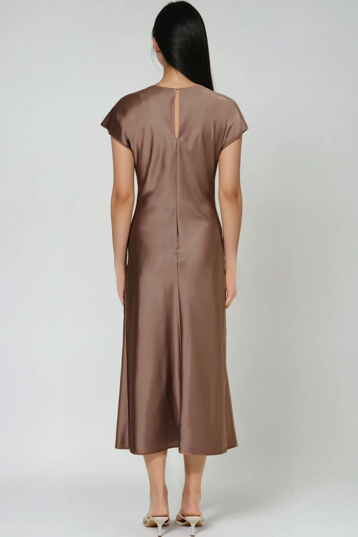 NOA Satin Midi Dress with Deep Back Slit (Espresso Brown)