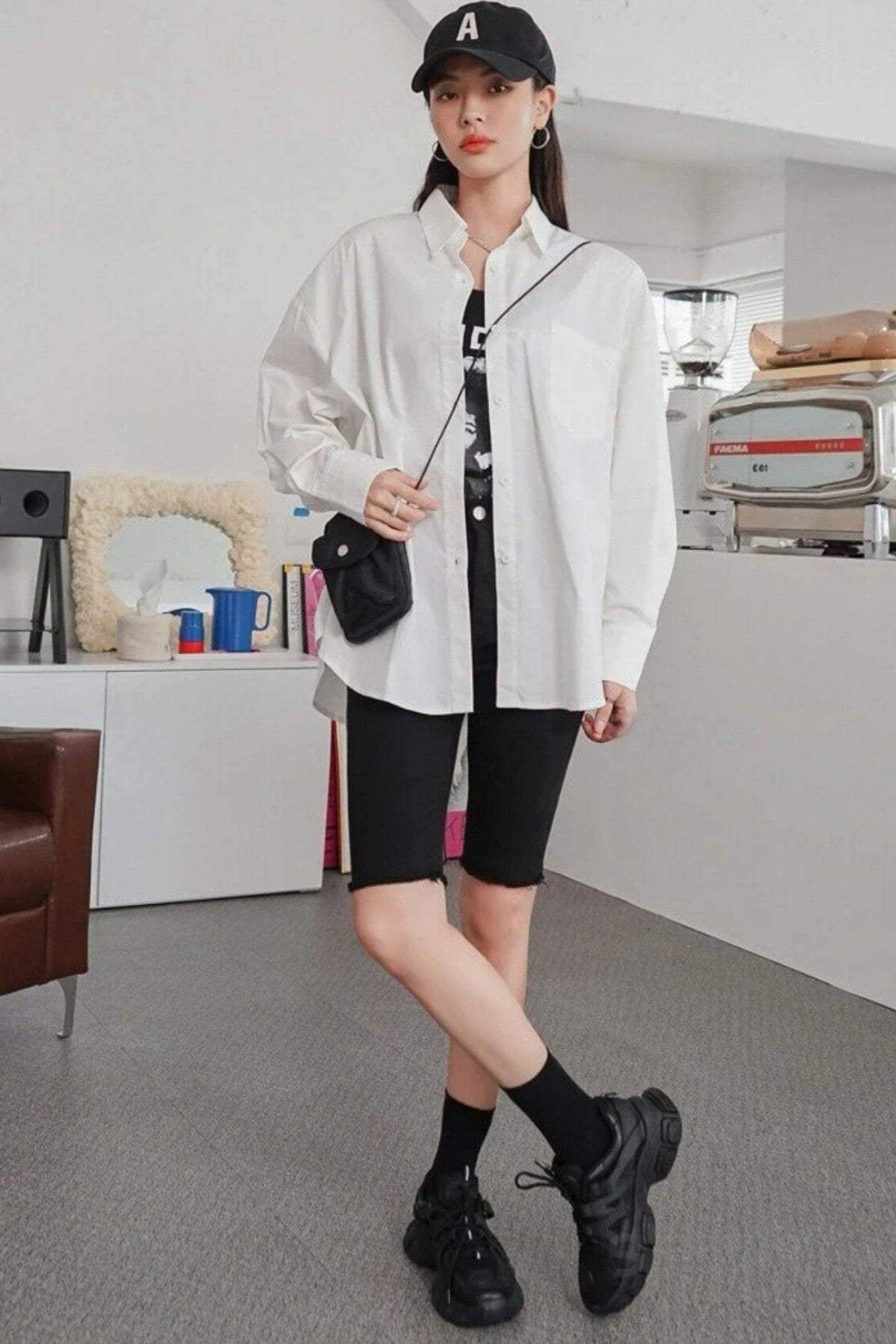 ESTHER Oversized Button-Down Pocket Shirt(White)