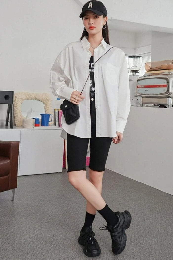 ESTHER Oversized Button-Down Pocket Shirt(White)
