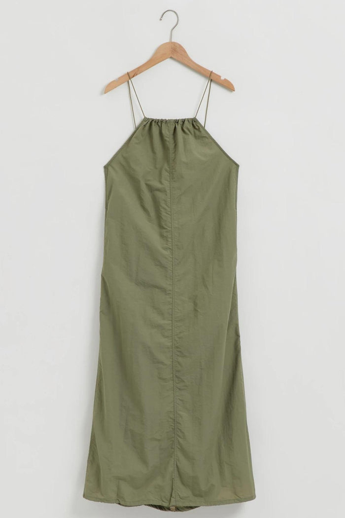 RAELYNN Halter Midi Parachute Dress W/ Toggle Drawstring Back & Hem (Moss Green)