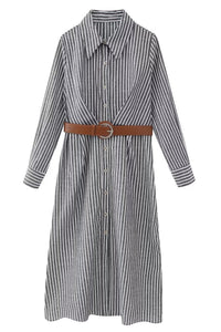 SKYLAR Striped Button-Down Dress W/ Belt (Deep Gray)