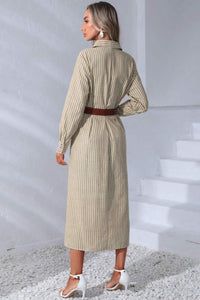 SKYLAR Striped Button-Down Dress W/ Belt (Latte Brown)