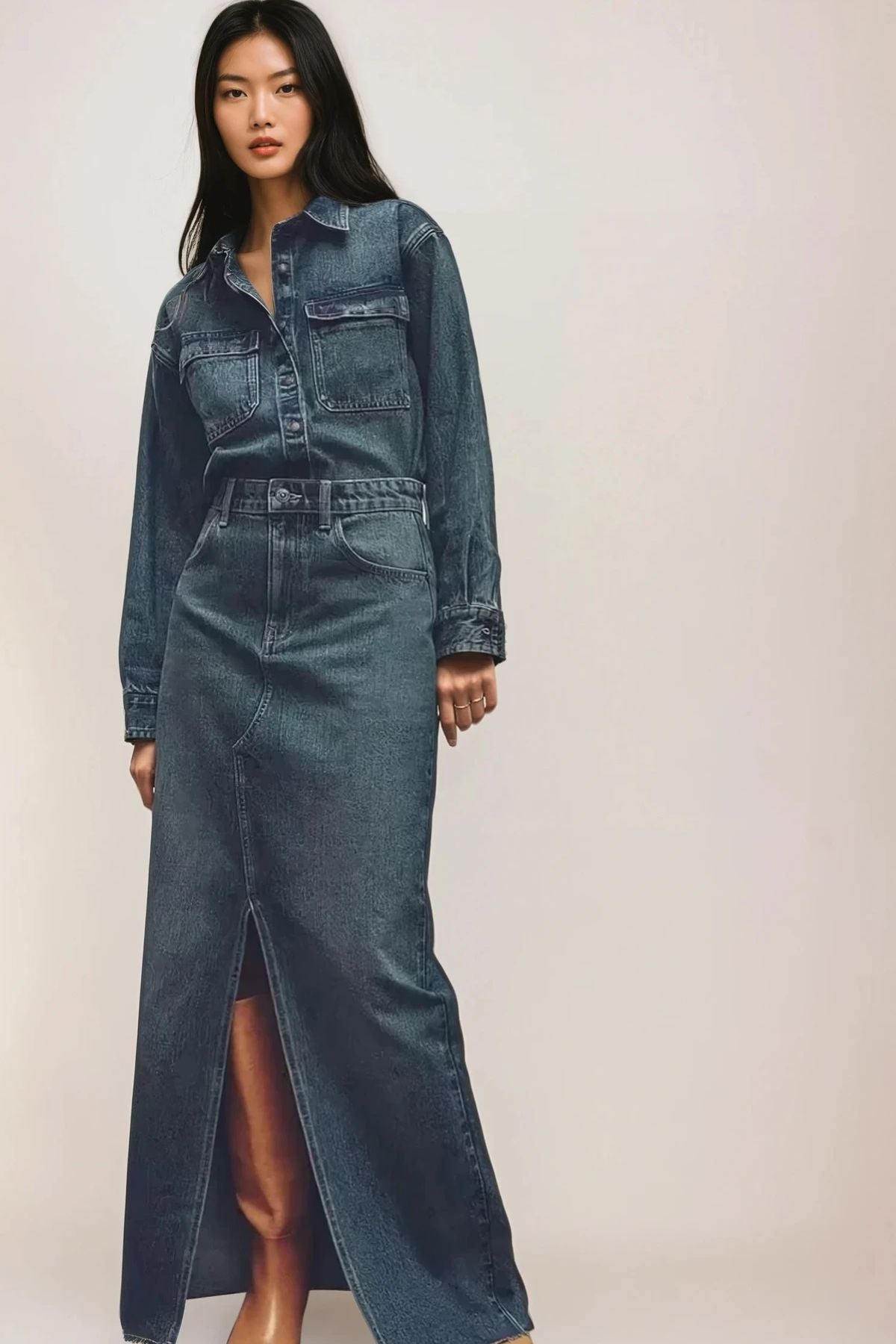 WRENLEY Asymmetrical High Waisted Front Slit Denim Maxi Skirt