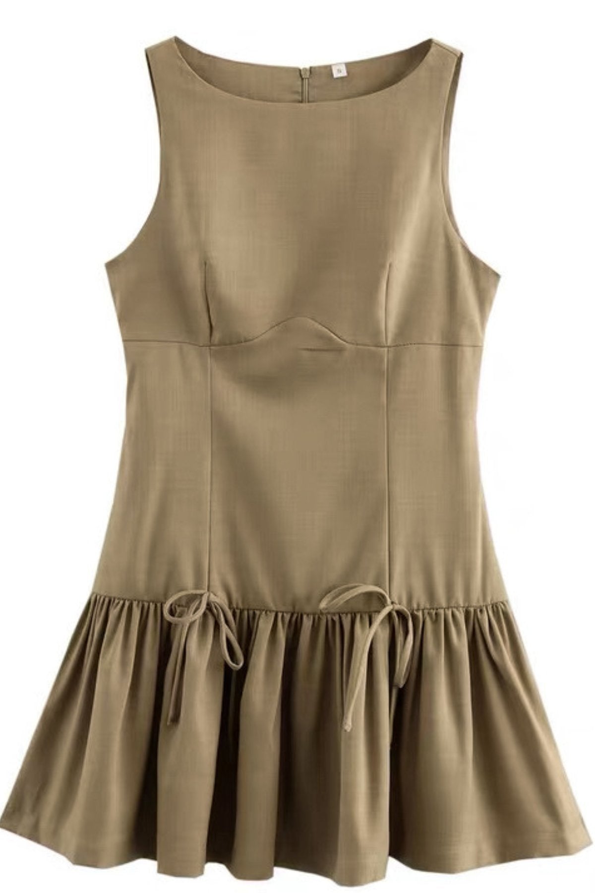 ARIA Boat Neck Bow Accent Ruffled Mini Dress (Mocha Brown)
