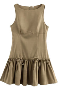 ARIA Boat Neck Bow Accent Ruffled Mini Dress (Mocha Brown)