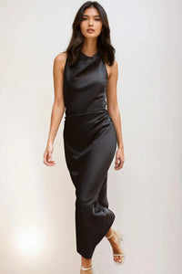 EVELYN Satin Cowl-Neck Midi Dress (Black)