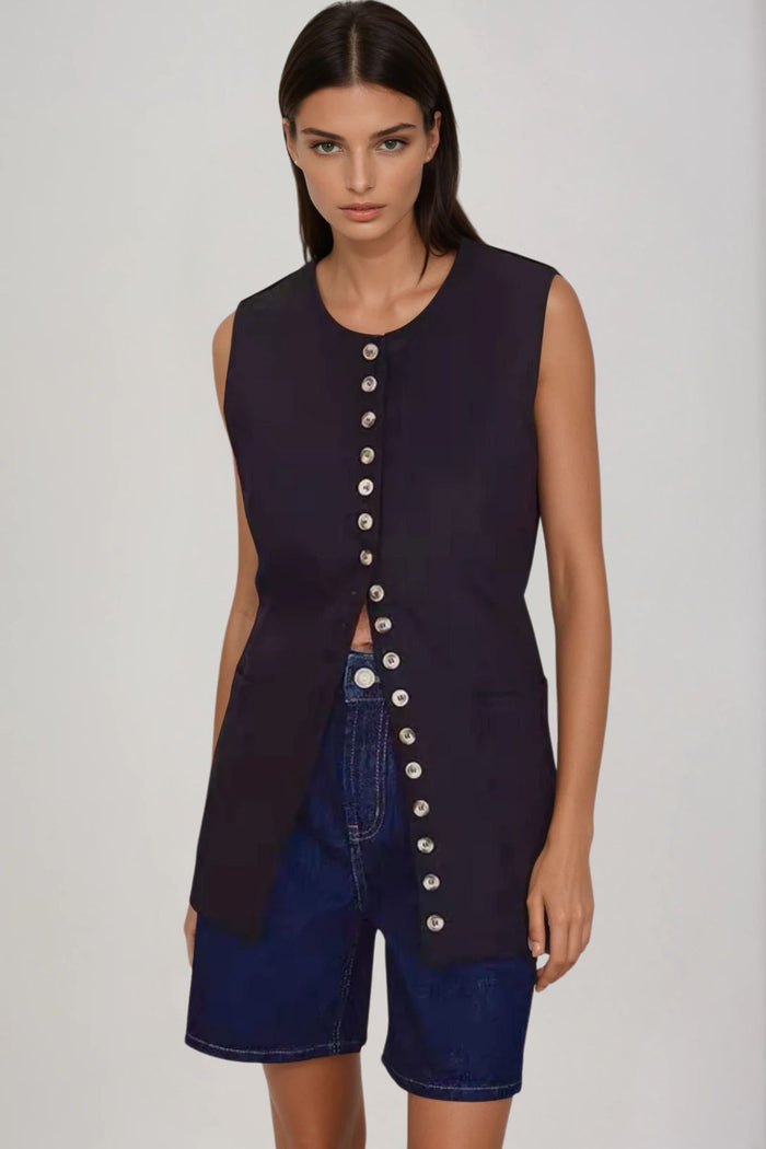 RAYA Linen Buttoned Vest Top (Black)