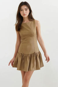 ARIA Boat Neck Bow Accent Ruffled Mini Dress (Mocha Brown)