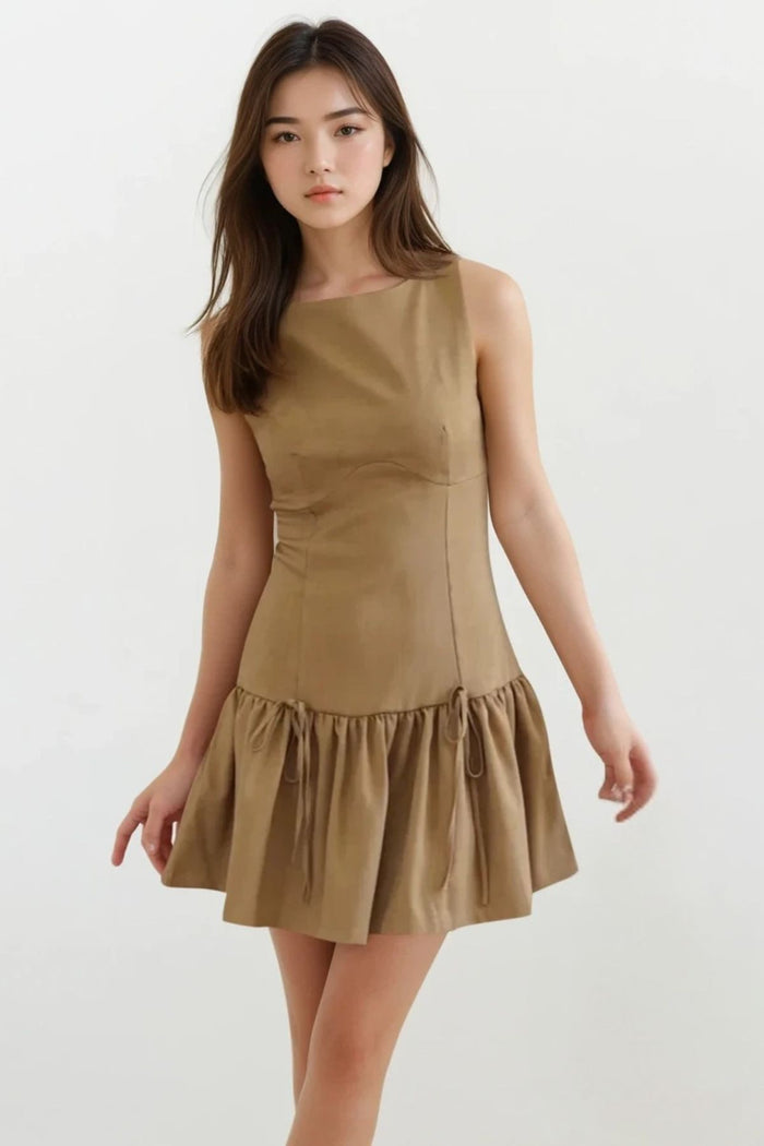 ARIA Boat Neck Bow Accent Ruffled Mini Dress (Mocha Brown)