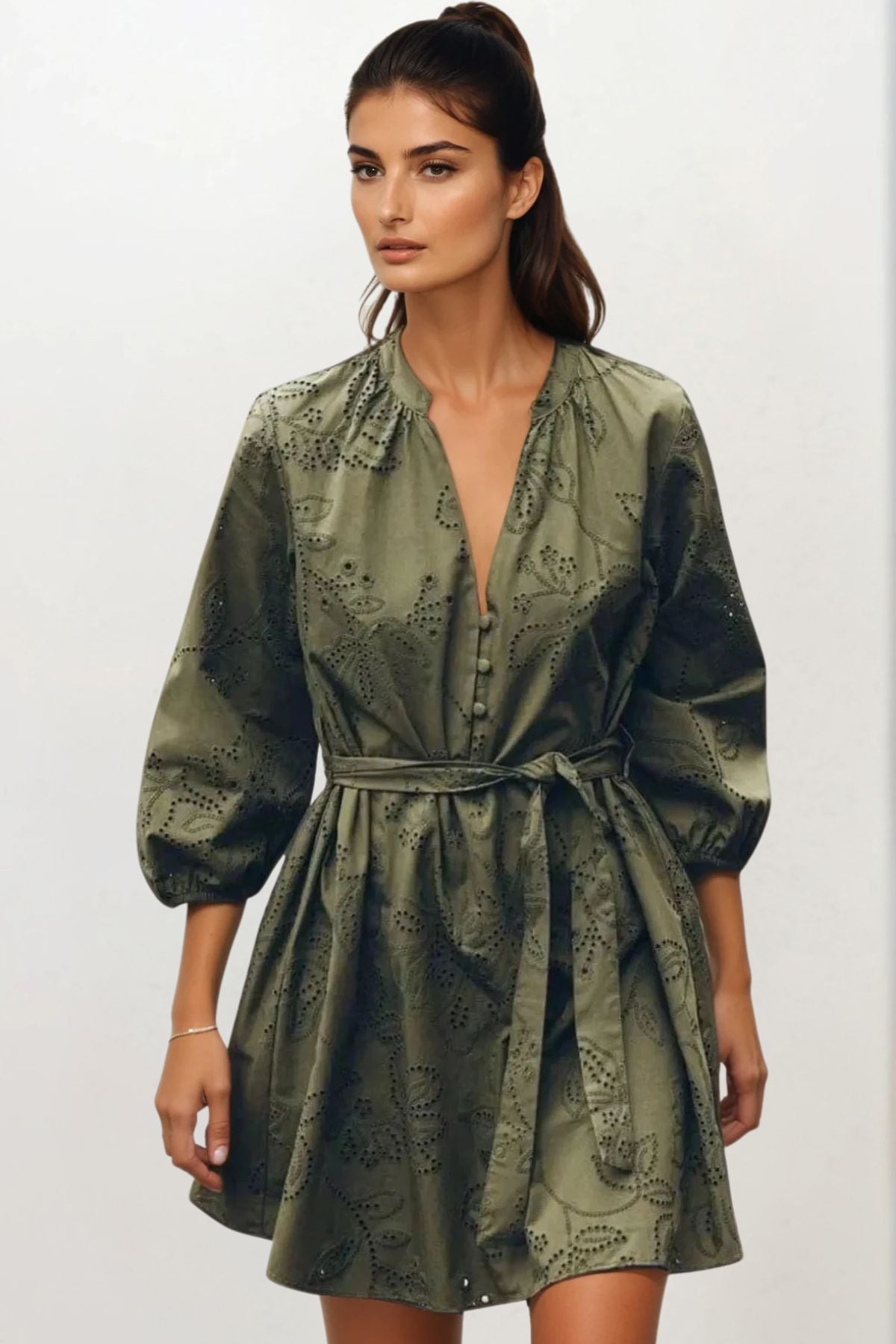 AISHA V-Neck Long-Sleeve Eyelet Mini Dress (Olive Green)