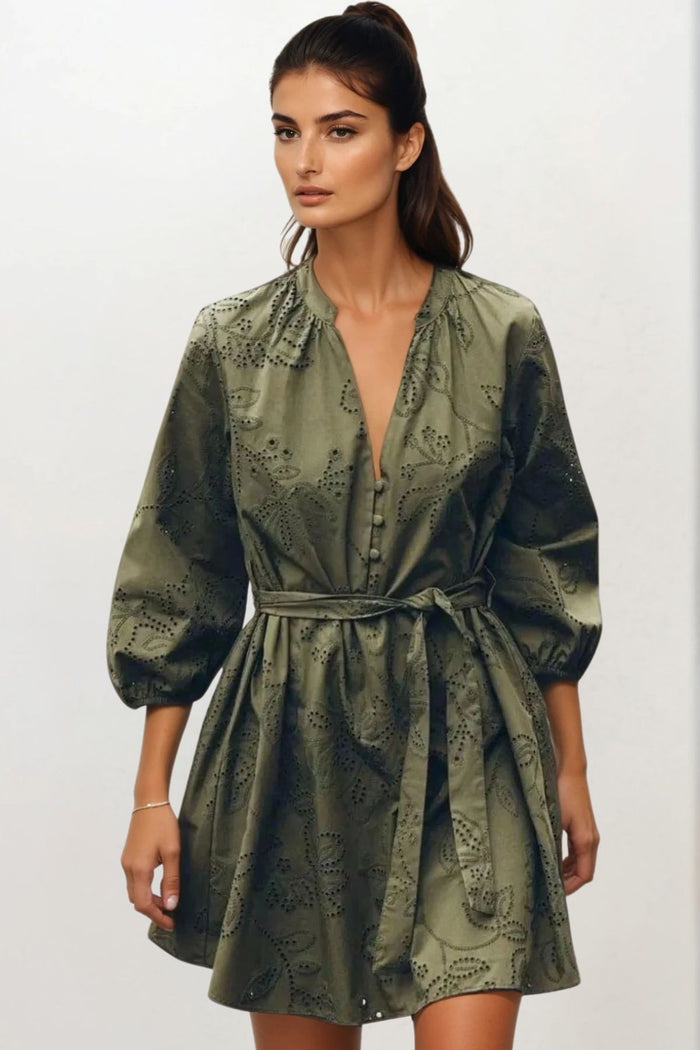 AISHA V-Neck Long-Sleeve Eyelet Mini Dress (Olive Green)