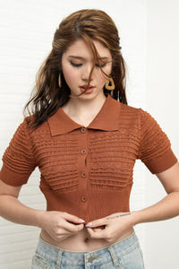 MARYAM Textured Knit Crop Shirt (Russet Brown)