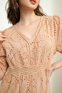 CERYS V-Neck Flutter-Sleeve Eyelet Dress (Nude Brown)