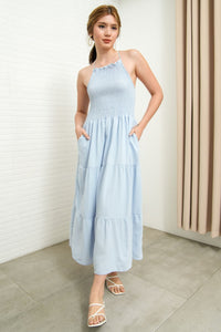 RAMONA Smocked Halter Criss-cross Back Dress (Powder Blue)