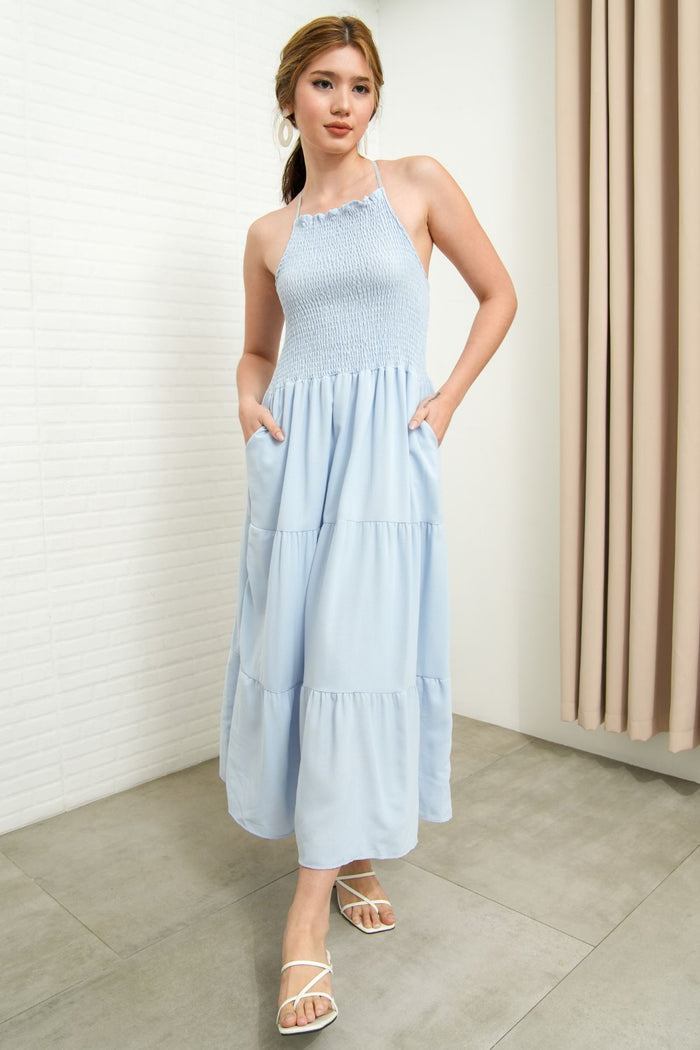 RAMONA Smocked Halter Criss-cross Back Dress (Powder Blue)