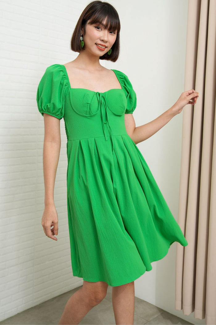 ODESSA Puff-Sleeve Padded Dress (Green)