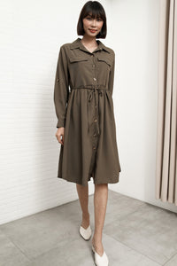 ZOYA Long-Sleeve Buttondown Shirt Dress (Olive Brown)