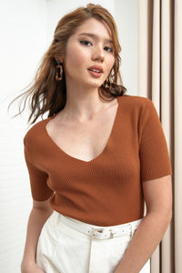 VEDA V-Neck Rib-Knit Top (Russet Brown)