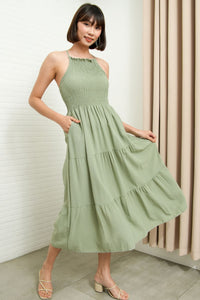 RAMONA Smocked Halter Criss-cross Back Dress (Sage Green)