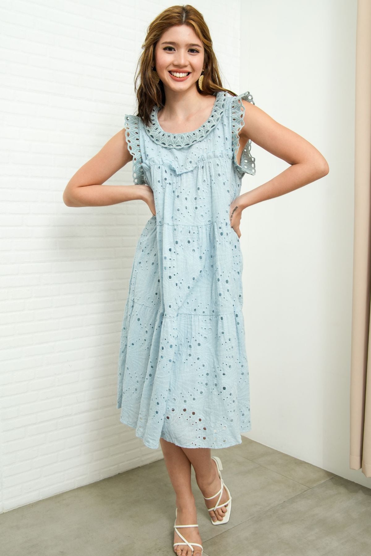 MAREN Tiered Broderie Midi Dress (Powder Blue)