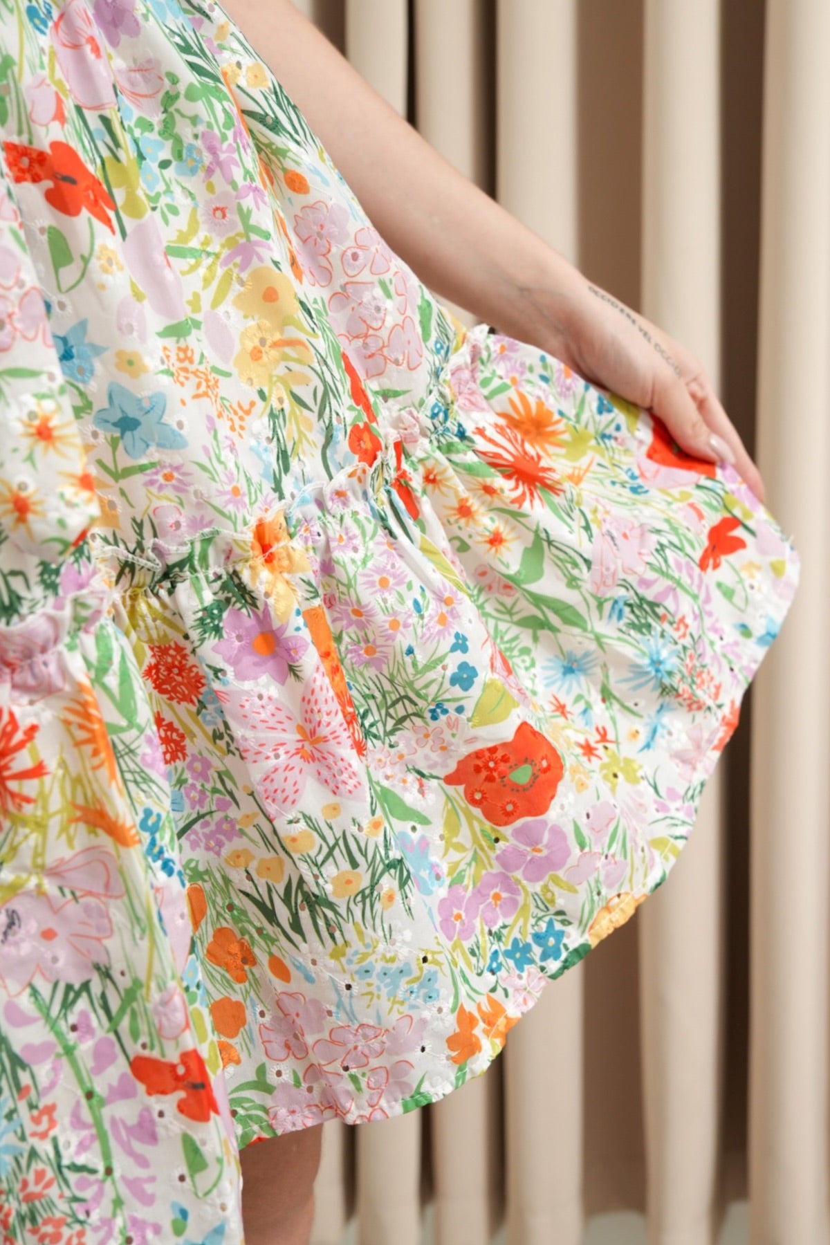 LENA Tie-Waist Tiered Broderie Floral Dress