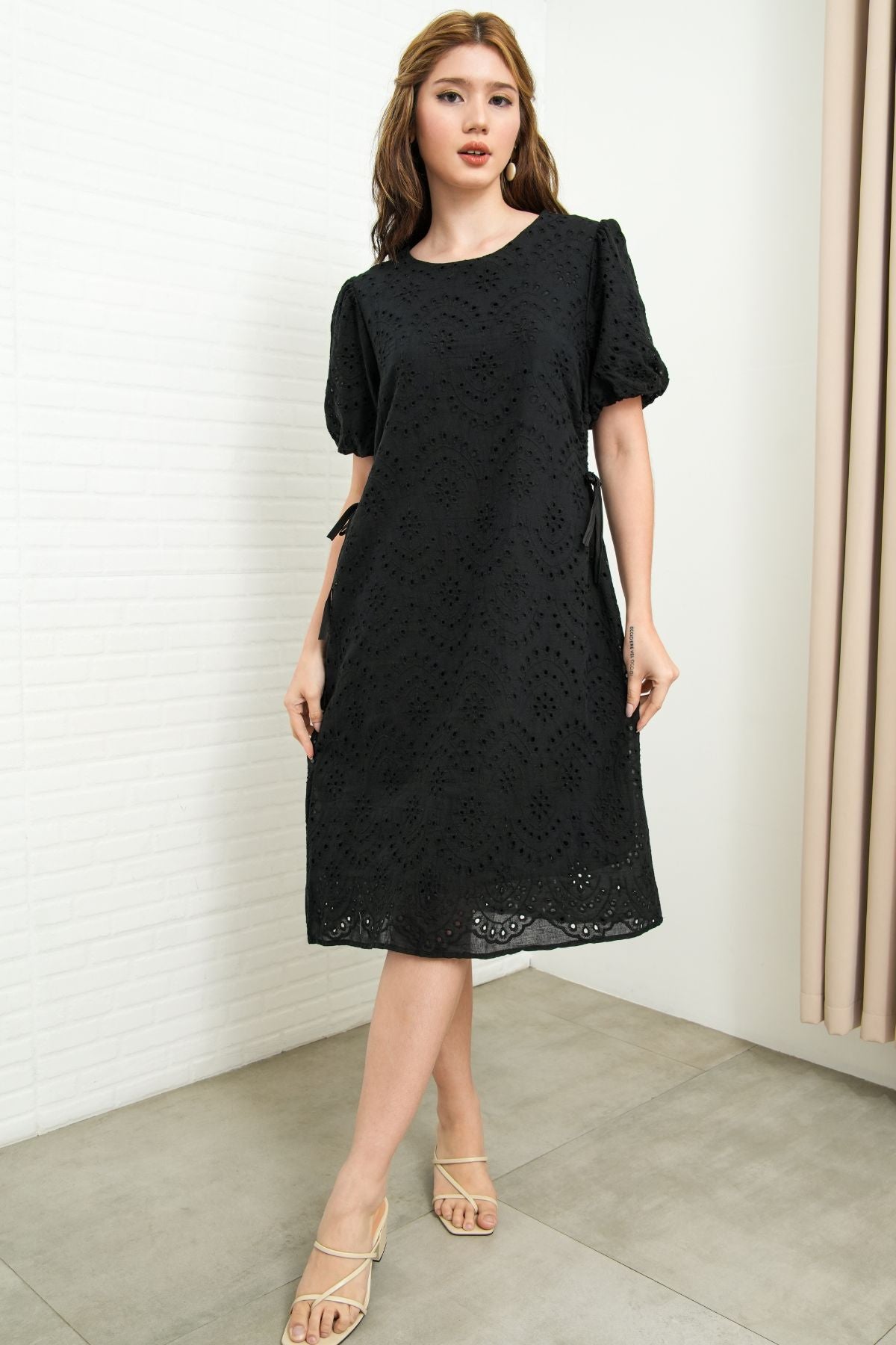 EMMELINE Puff-Sleeve Cut-out Broderie Midi Dress (Black) 1930 Clothing EMMELINE Puff-Sleeve Cut-out Broderie Midi Dress (Black) 1930 Clothing