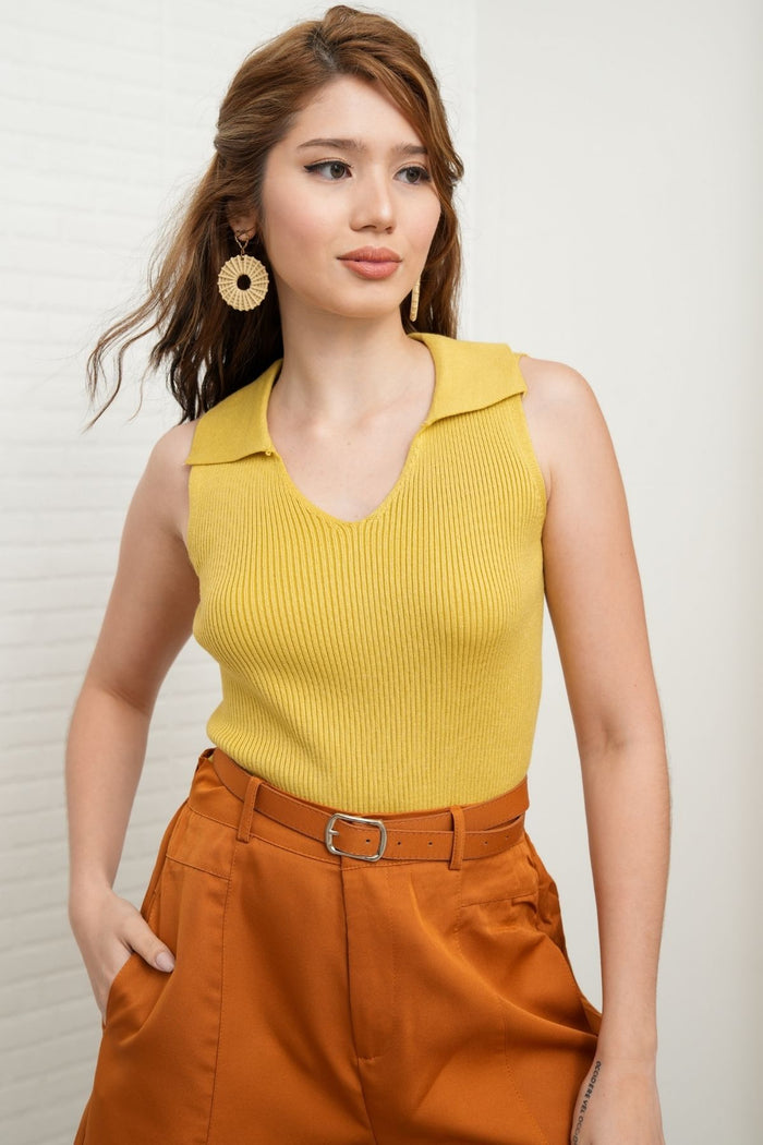 GIGI Sleeveless Collared Rib-Knit Top (Saffron Yellow)