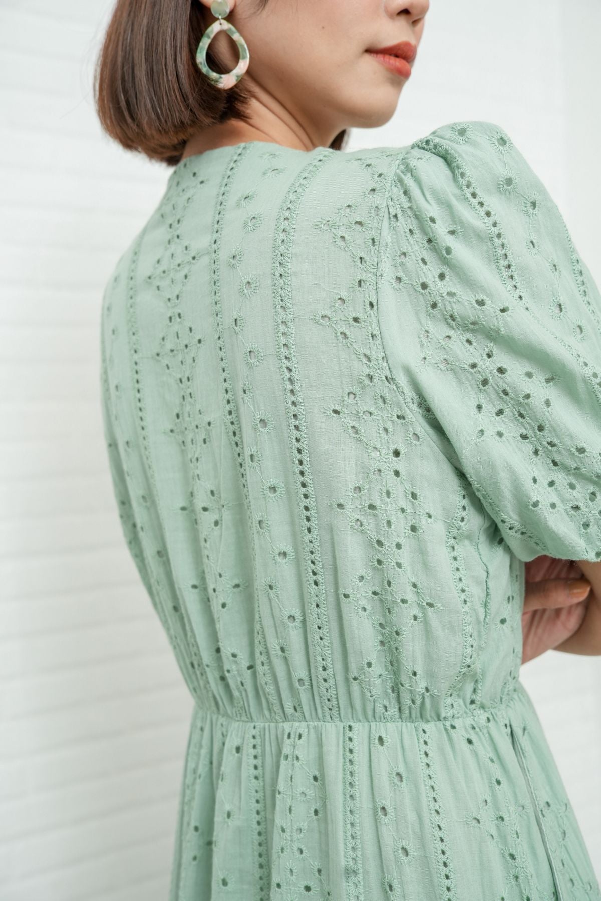 JURIA Puff-Sleeve Button-Down Broderie Dress (Sage Green)