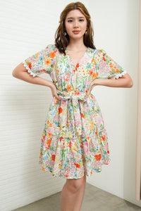 LENA Tie-Waist Tiered Broderie Floral Dress