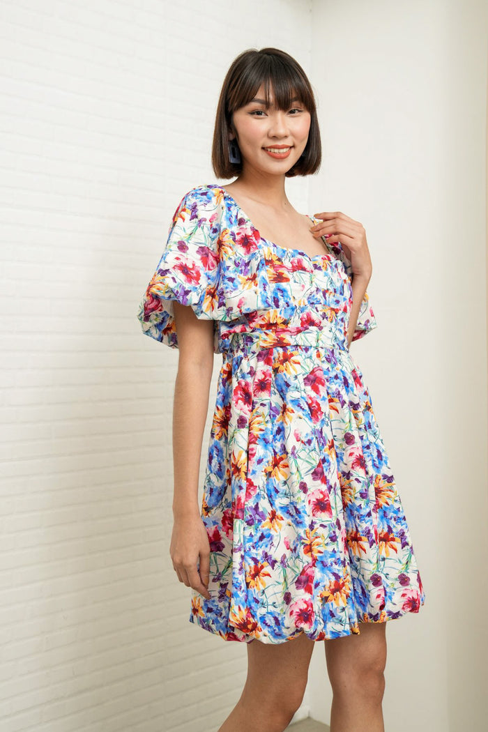 ANYA Pleated Puff-Sleeve Floral Dress (Blue Violet)