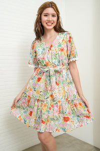 LENA Tie-Waist Tiered Broderie Floral Dress