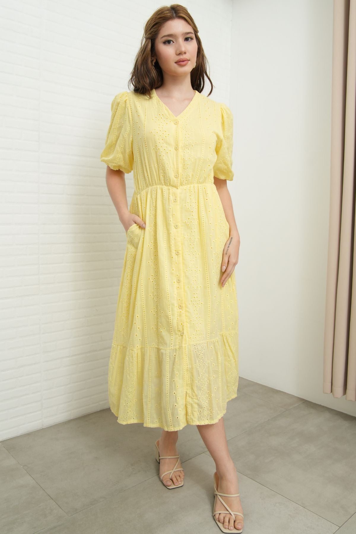 JURIA Puff-Sleeve Button-Down Broderie Dress (Pastel Yellow)