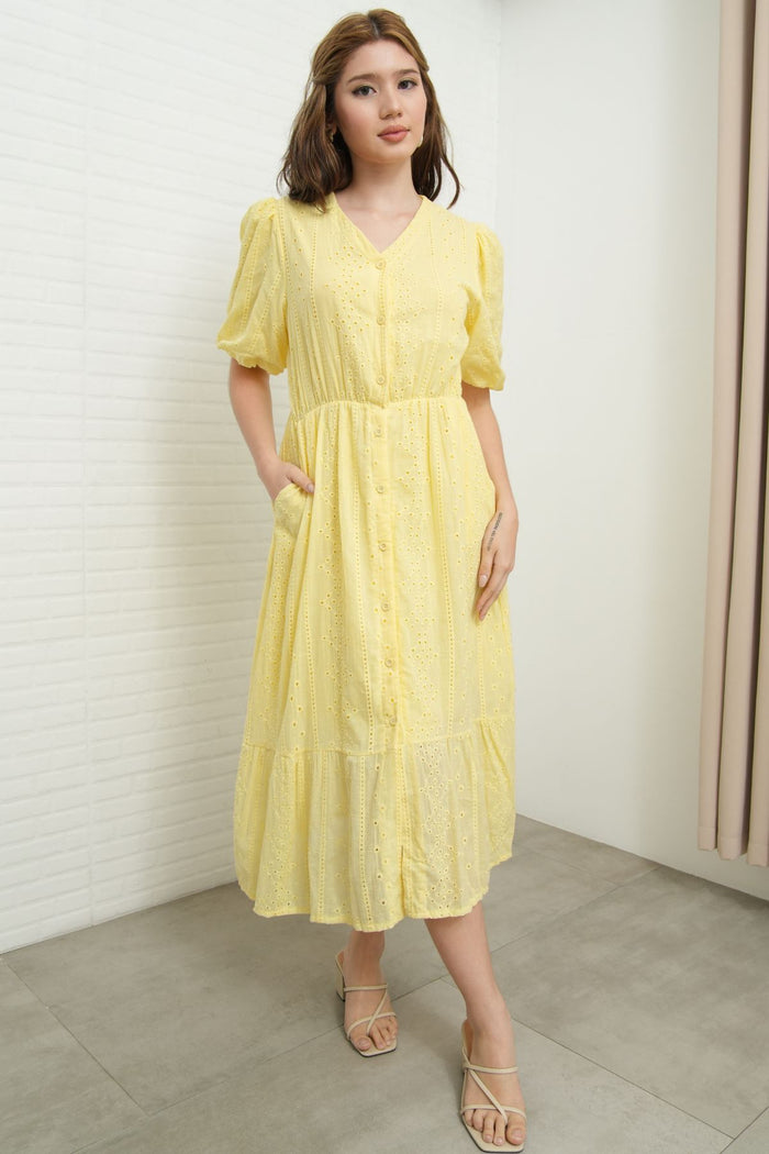 JURIA Puff-Sleeve Button-Down Broderie Dress (Pastel Yellow)