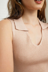 GIGI Sleeveless Collared Rib-Knit Top (Nude Beige)