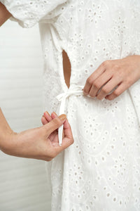 EMMELINE Puff-Sleeve Cut-out Broderie Midi Dress (White)