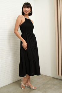 RAMONA Smocked Halter Criss-cross Back Dress (Black)