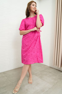 EMMELINE Puff-Sleeve Cut-out Broderie Midi Dress (Magenta Pink)