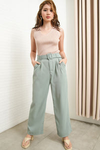 SASKIA Belted High-Waist Tailored Trousers (Sage Green)