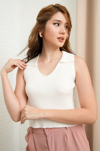 GIGI Sleeveless Collared Rib-Knit Top (White)