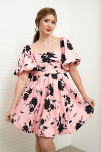 ANYA Pleated Puff-Sleeve Floral Dress (Pink)