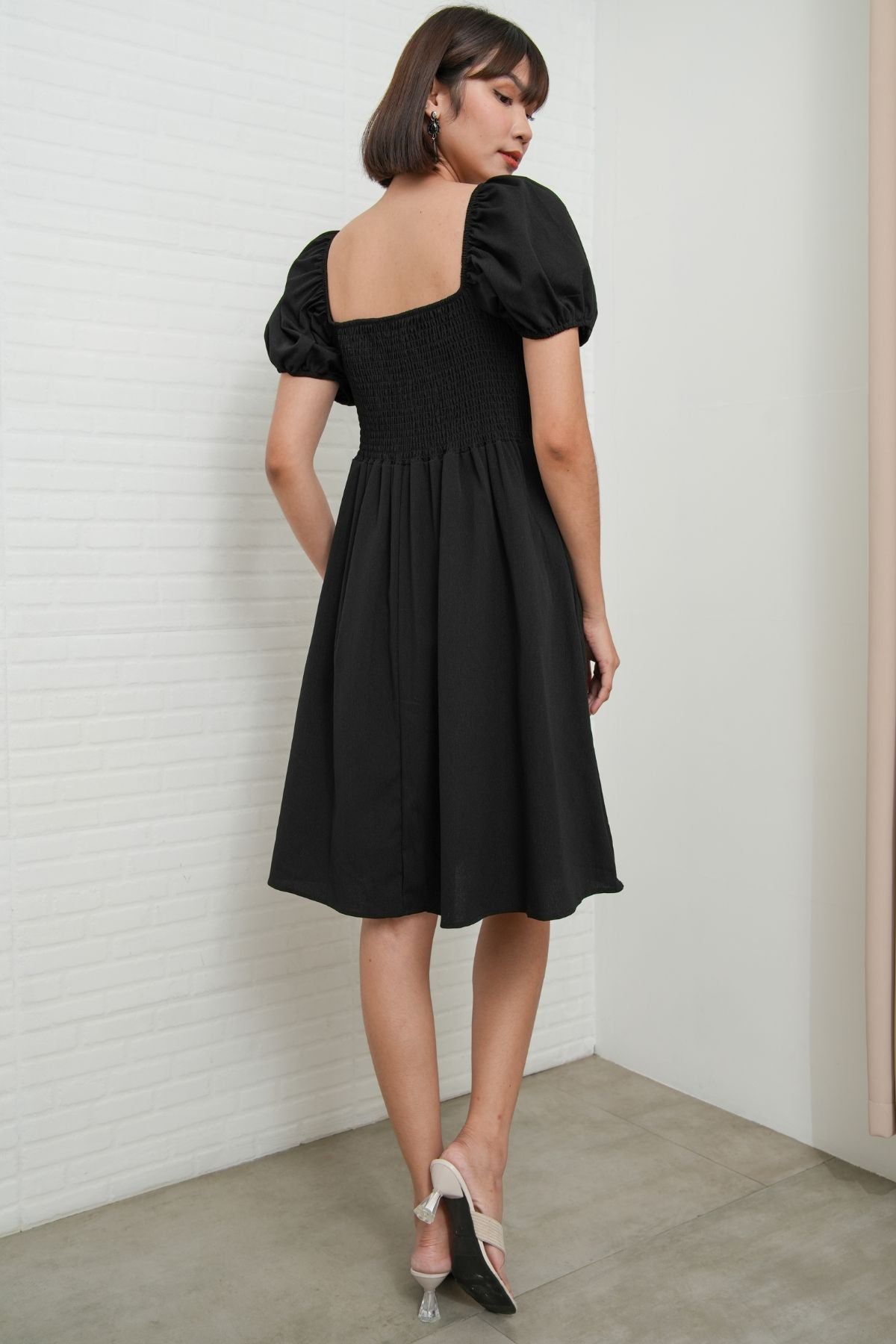 ODESSA Puff-Sleeve Padded Dress (Black)