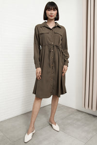 ZOYA Long-Sleeve Buttondown Shirt Dress (Olive Brown)