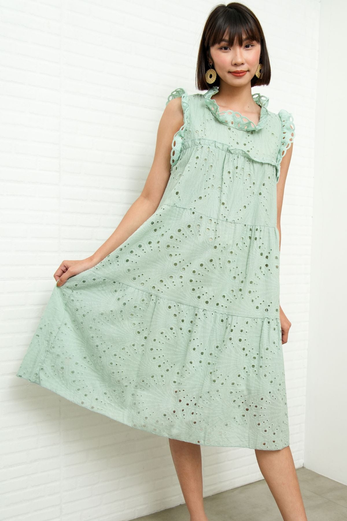 MAREN Tiered Broderie Midi Dress (Sage Green)