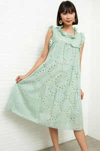 MAREN Tiered Broderie Midi Dress (Sage Green)