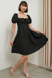 ODESSA Puff-Sleeve Padded Dress (Black)
