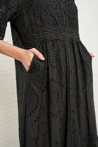 CERYS V-Neck Flutter-Sleeve Eyelet Dress (Black)