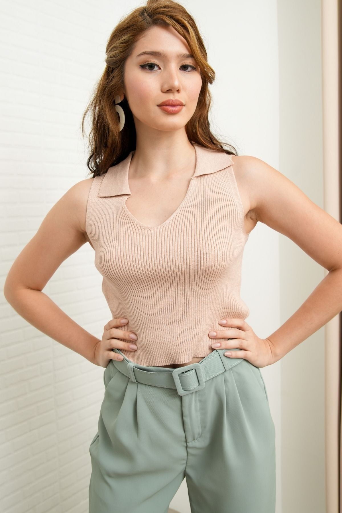GIGI Sleeveless Collared Rib-Knit Top (Nude Beige)