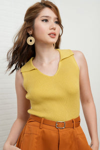 GIGI Sleeveless Collared Rib-Knit Top (Saffron Yellow)