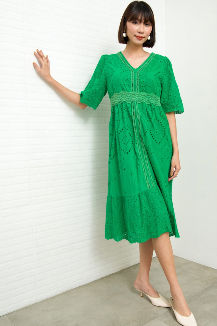 CERYS V-Neck Flutter-Sleeve Eyelet Dress (Jade Green)